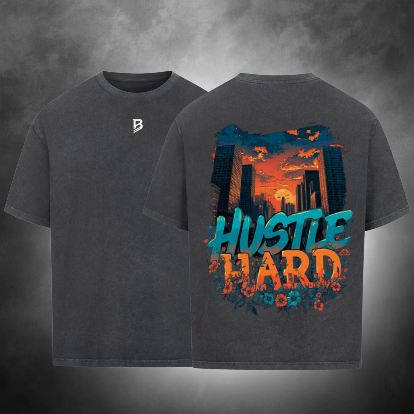 TheBroShop Hustle City Oversize T-Shirt Herren – Verwaschenes Schwarz – Front- & Rückansicht