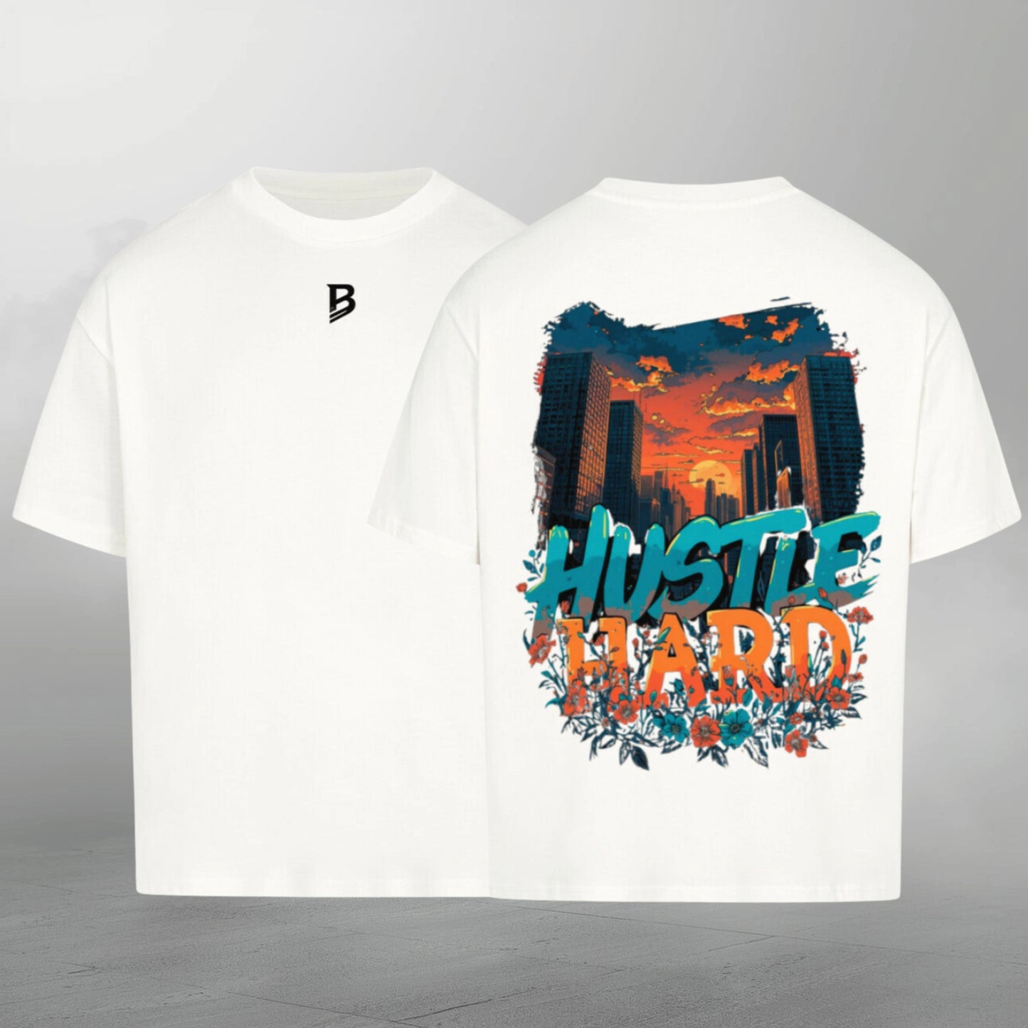 TheBroShop Hustle City Oversize T-Shirt Herren – Weiß – Front- & Rückansicht